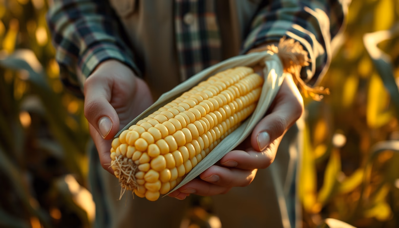 corn cob fresh harvest in farmer hands in editorial style