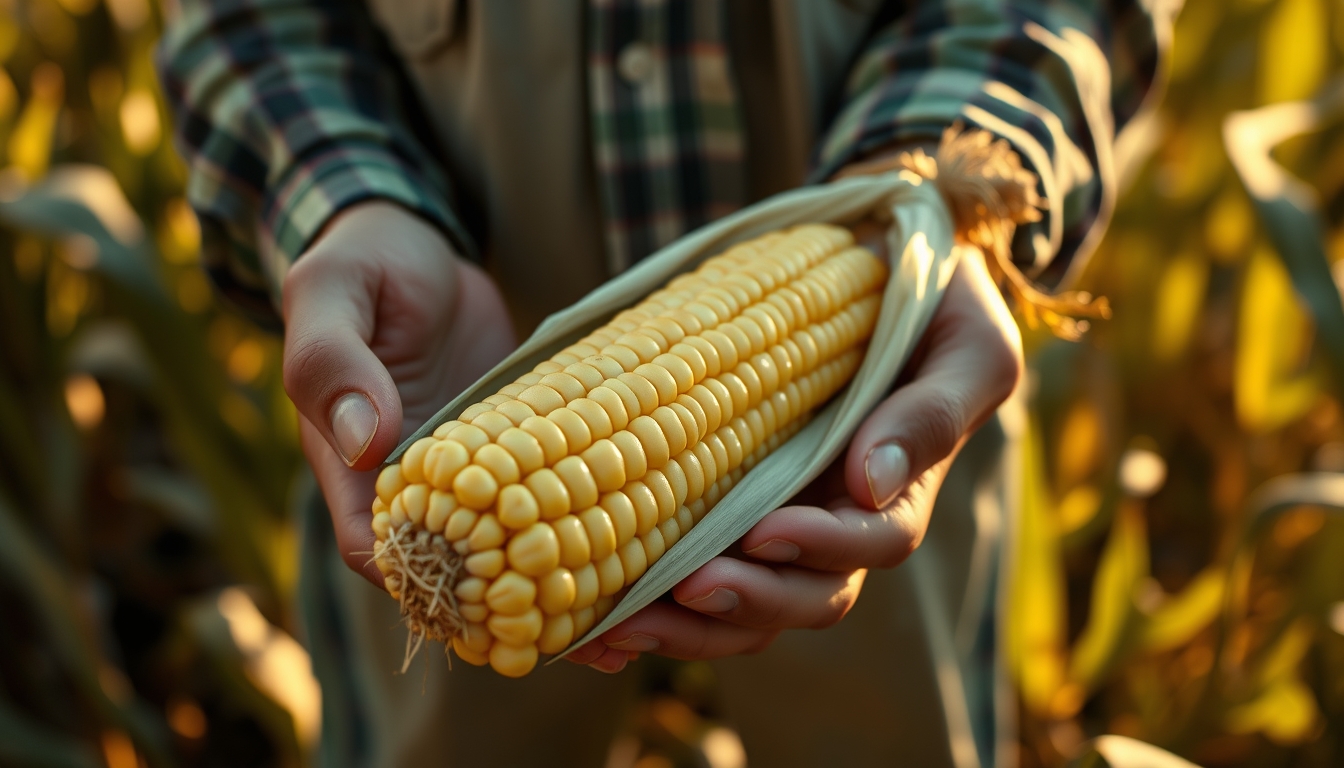 Corn cob fresh harvest in farmer hands em estilo editorial