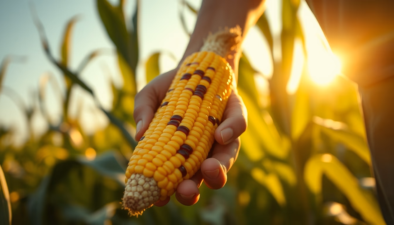 corn cob fresh harvest in farmer hands in editorial style