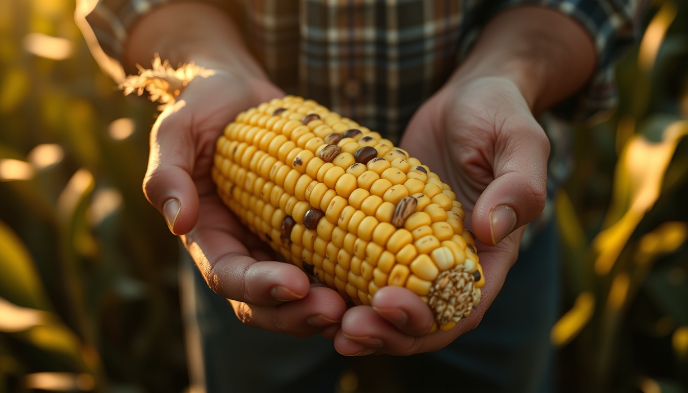 Corn cob fresh harvest in farmer hands em estilo editorial