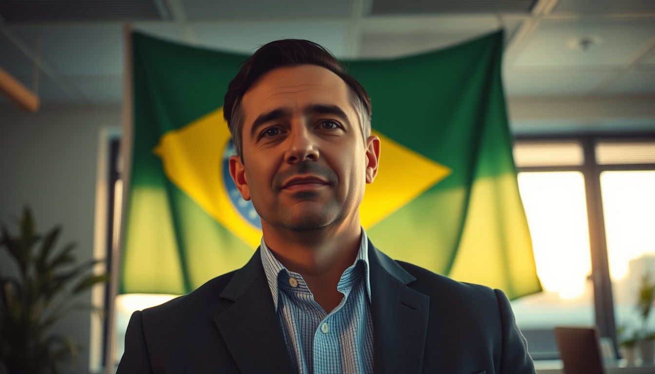 corporate CFO in front of a large Brazilian flag in the office in editorial style