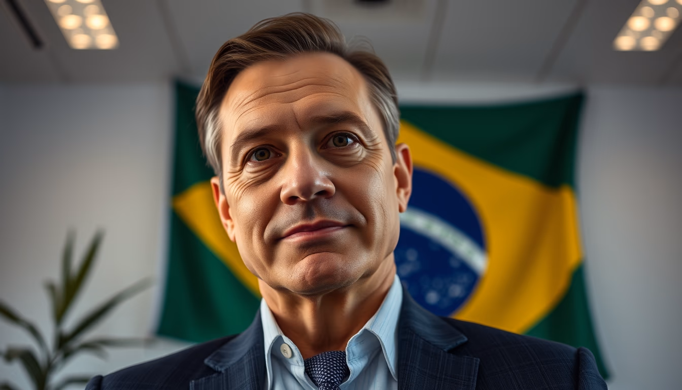 corporate CFO in front of a large Brazilian flag in the office in editorial style