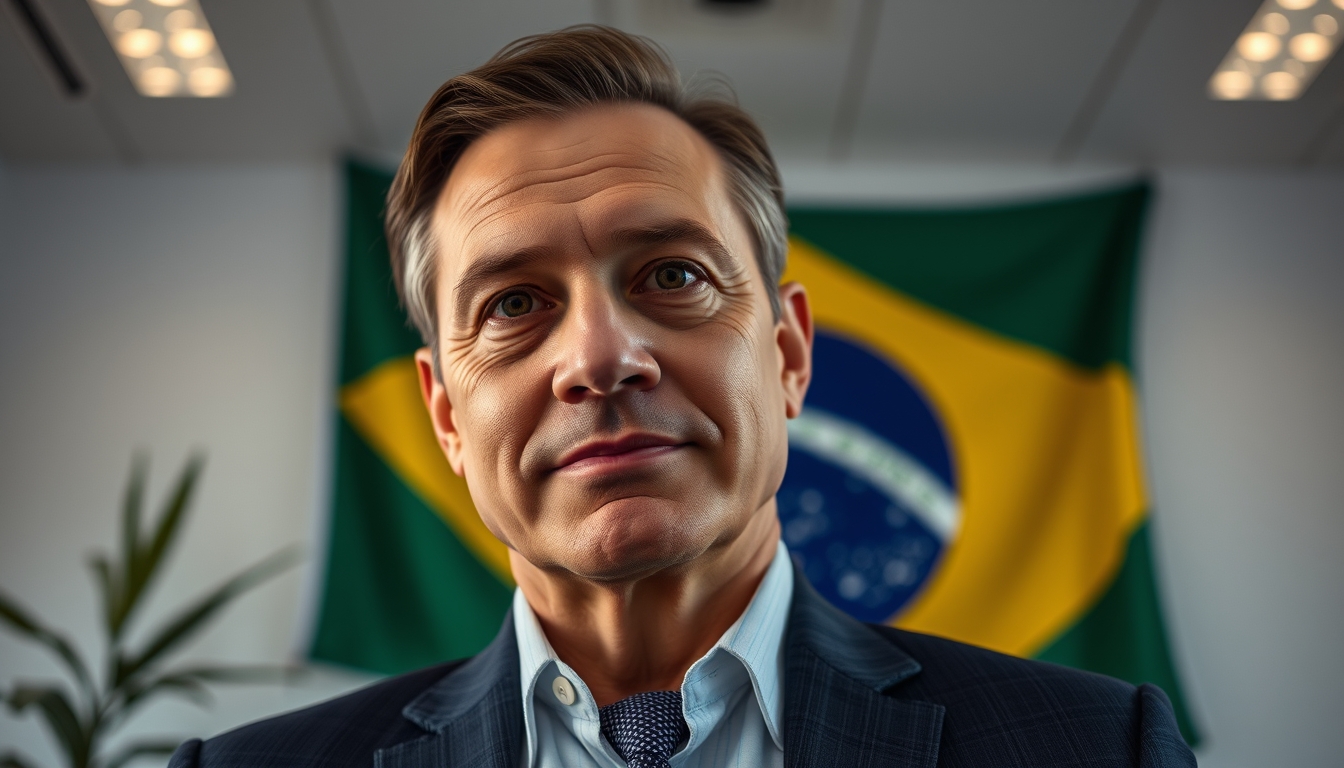 CFO corporativo diante da bandeira brasileira no escritório em estilo editorial