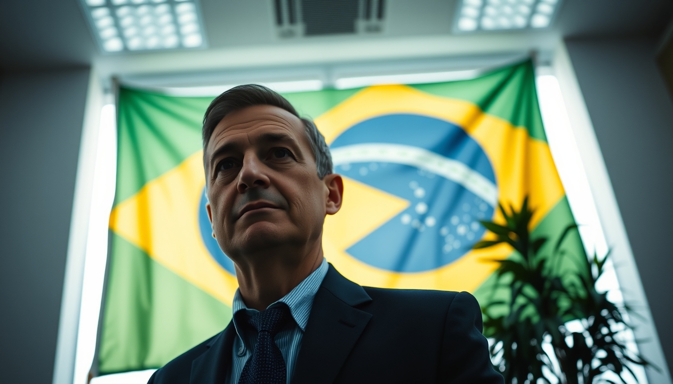 corporate CFO in front of a large Brazilian flag in the office in editorial style