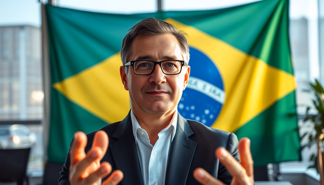 CFO corporativo diante da bandeira brasileira no escritório em estilo editorial