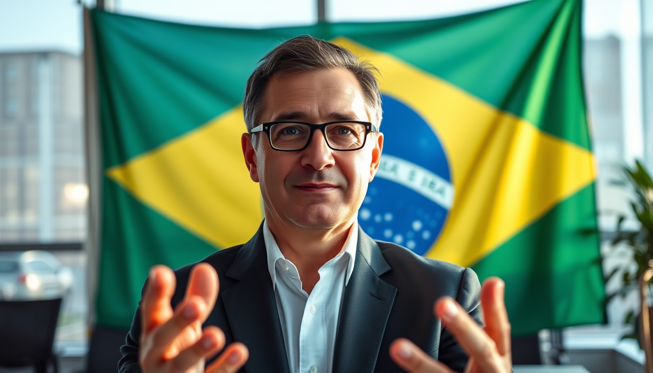 corporate CFO in front of a large Brazilian flag in the office in editorial style