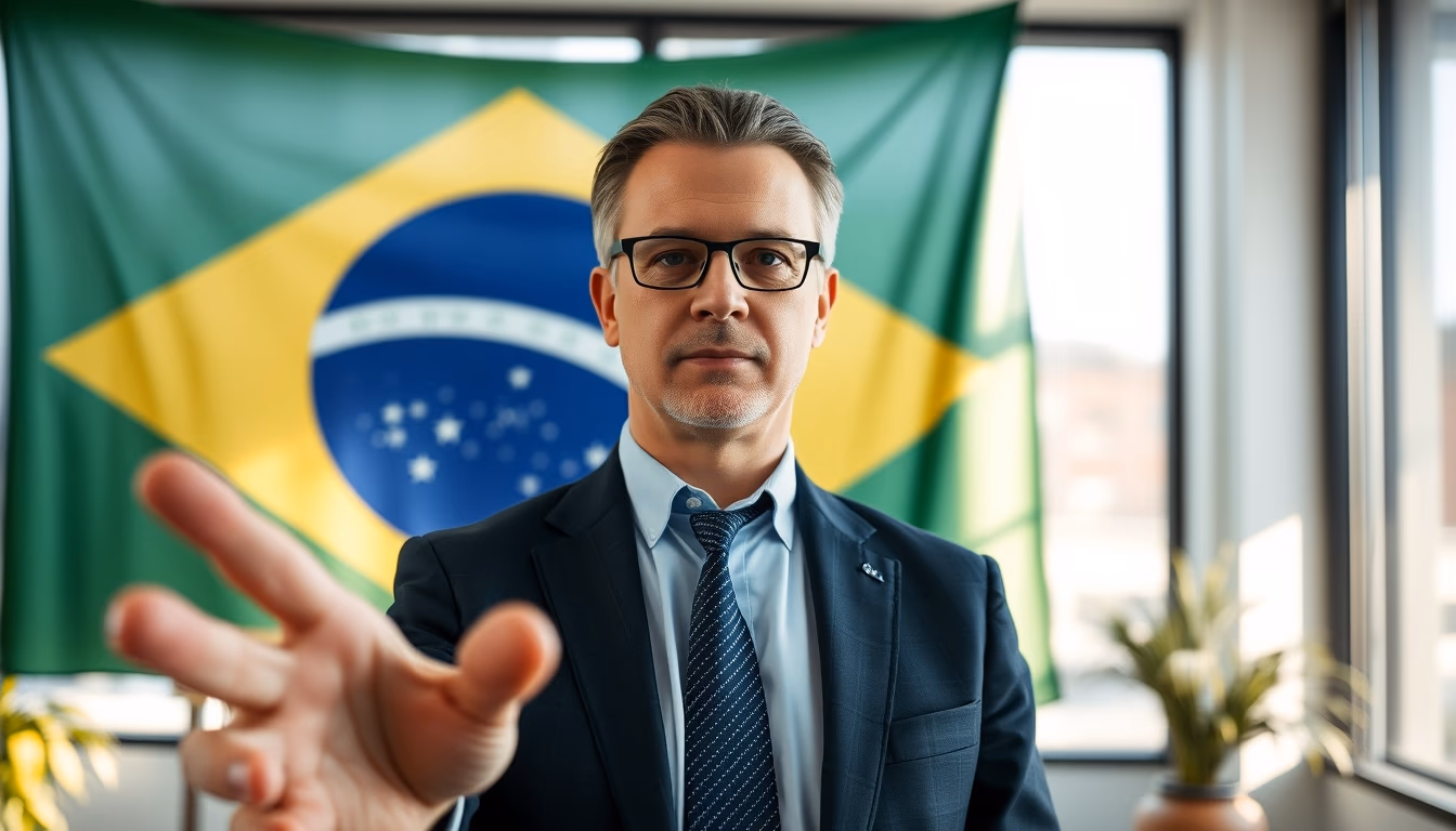 corporate CFO in front of a large Brazilian flag in the office in editorial style