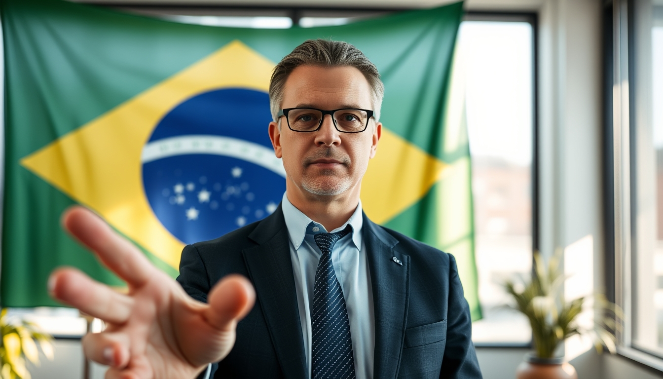 CFO corporativo diante da bandeira brasileira no escritório em estilo editorial