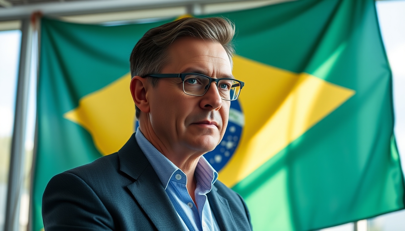 corporate CFO in front of a large Brazilian flag in the office in editorial style