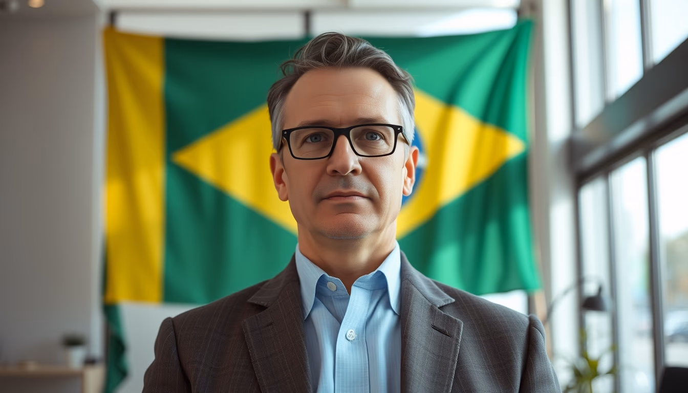 corporate CFO in front of a large Brazilian flag in the office in editorial style