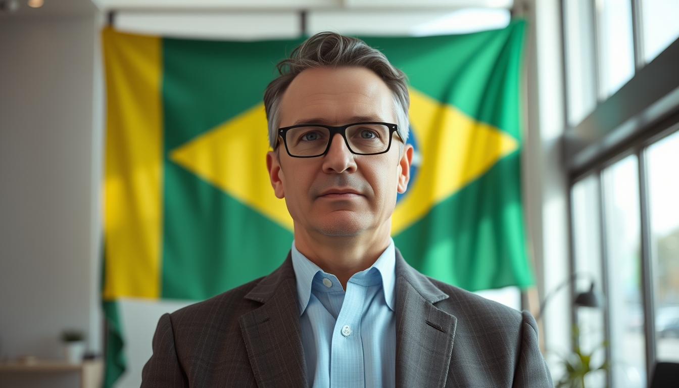 corporate CFO in front of a large Brazilian flag in the office in editorial style