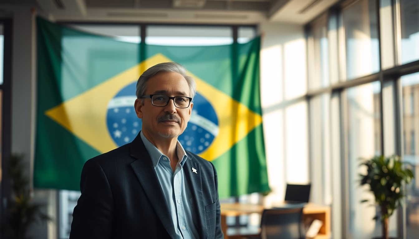 corporate CFO in front of a large Brazilian flag in the office in editorial style