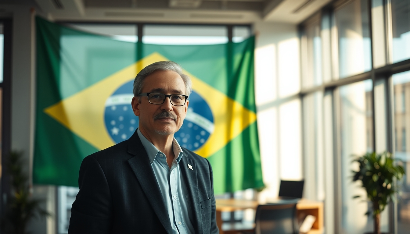 CFO corporativo diante da bandeira brasileira no escritório em estilo editorial