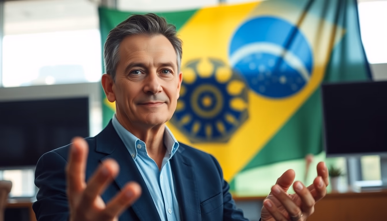 CFO corporativo diante da bandeira brasileira no escritório em estilo editorial