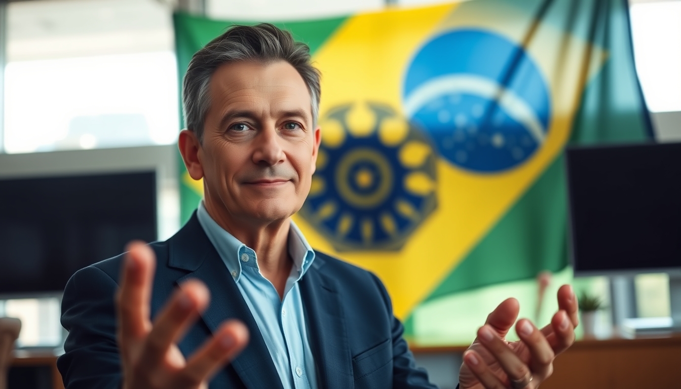 corporate CFO in front of a large Brazilian flag in the office in editorial style