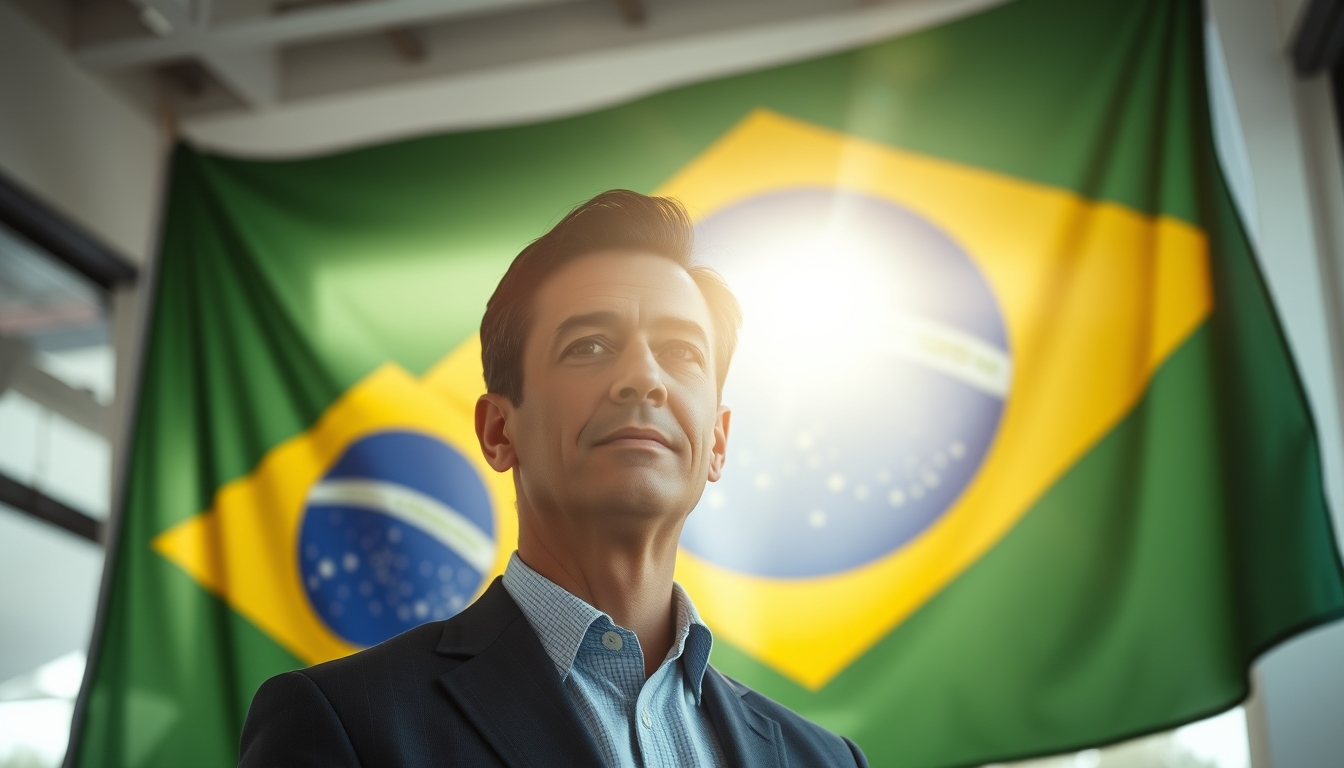 corporate CFO in front of a large Brazilian flag in the office in editorial style