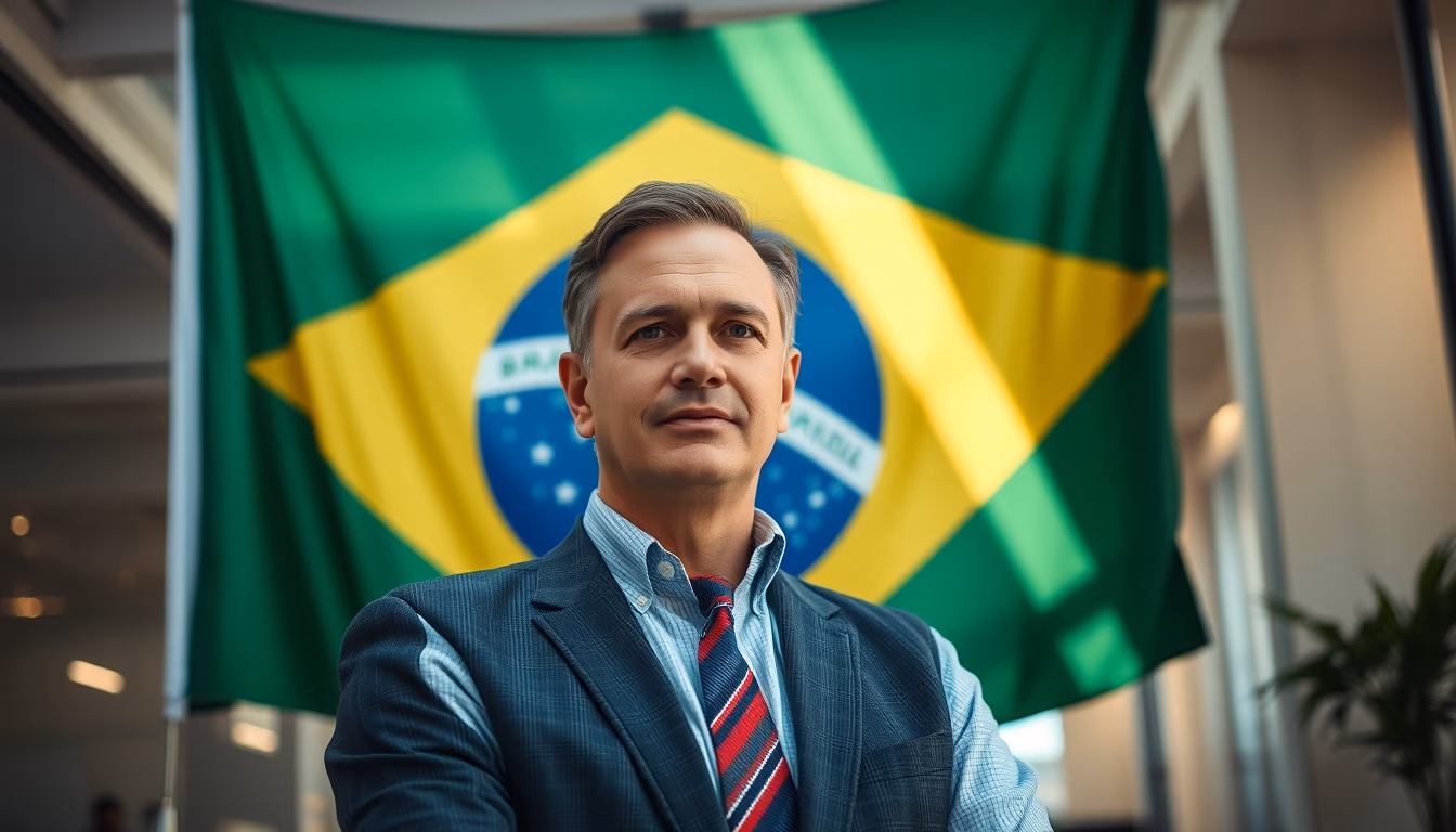 CFO corporativo diante da bandeira brasileira no escritório em estilo editorial