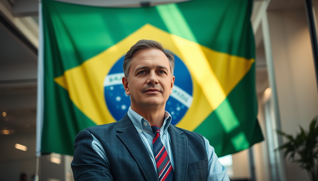 corporate CFO in front of a large Brazilian flag in the office in editorial style