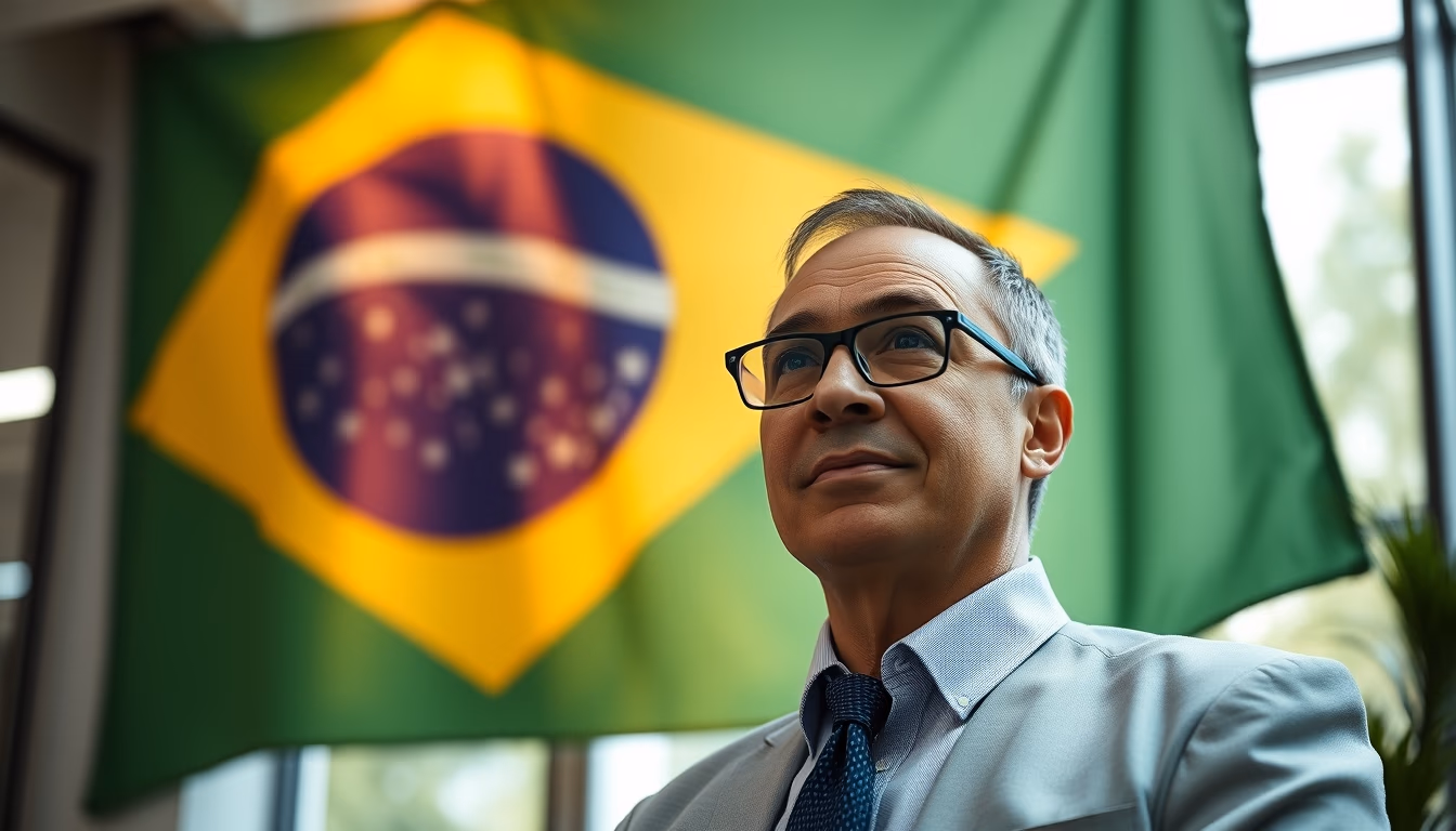 CFO corporativo diante da bandeira brasileira no escritório em estilo editorial