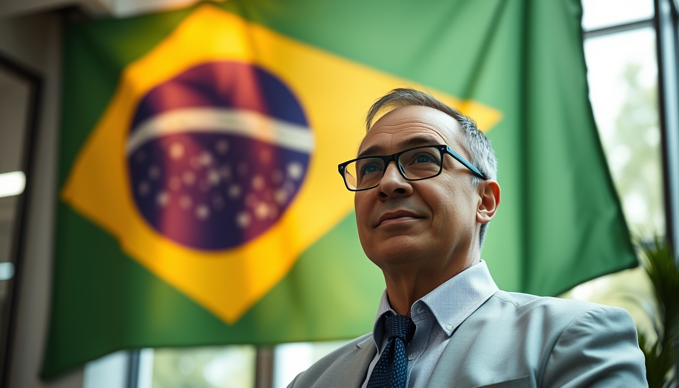 CFO corporativo diante da bandeira brasileira no escritório em estilo editorial
