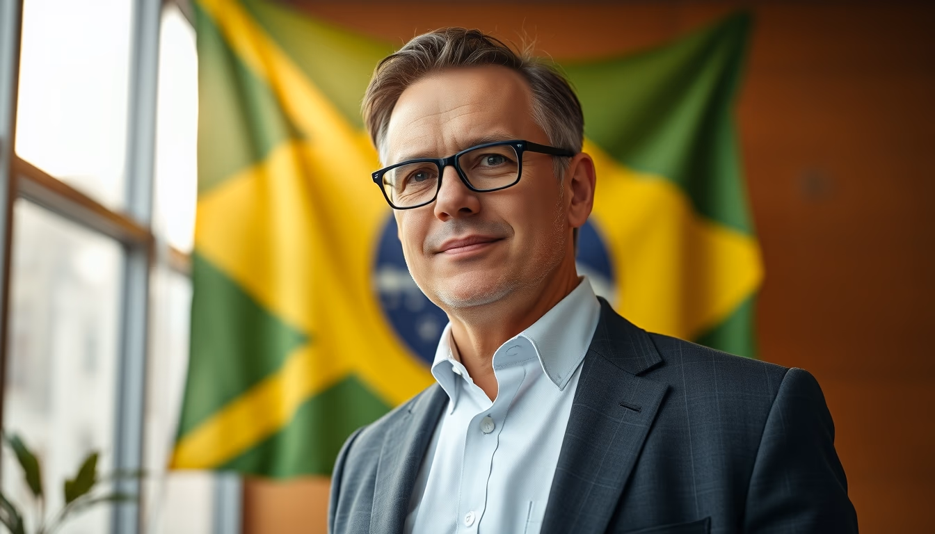 corporate CFO in front of a large Brazilian flag in the office in editorial style