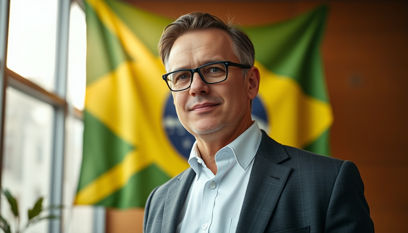 corporate CFO in front of a large Brazilian flag in the office in editorial style