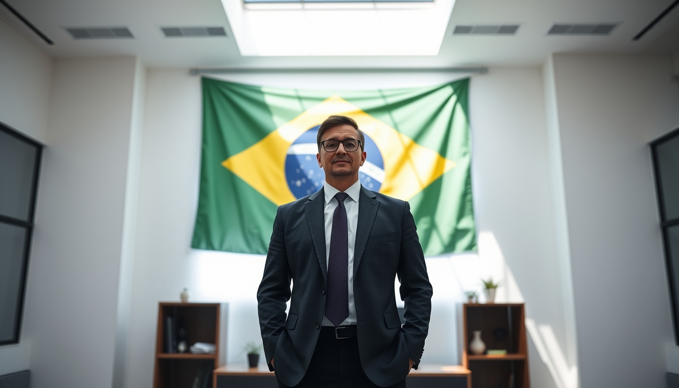 corporate CFO in front of a large Brazilian flag in the office in editorial style