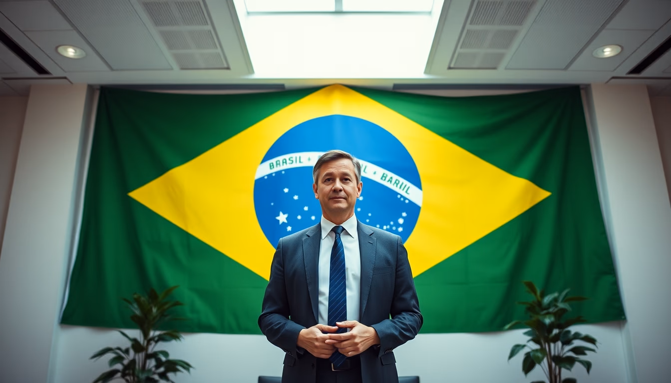 CFO corporativo diante da bandeira brasileira no escritório em estilo editorial