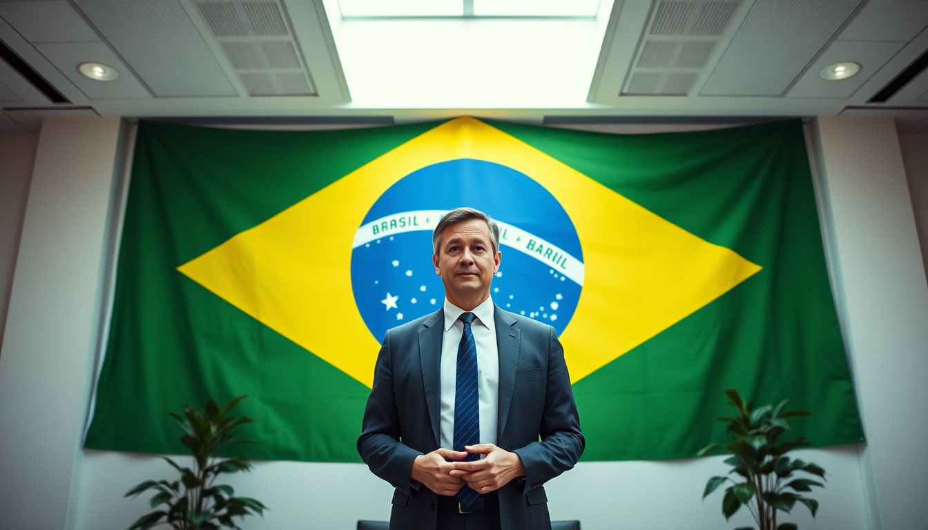 CFO corporativo diante da bandeira brasileira no escritório em estilo editorial