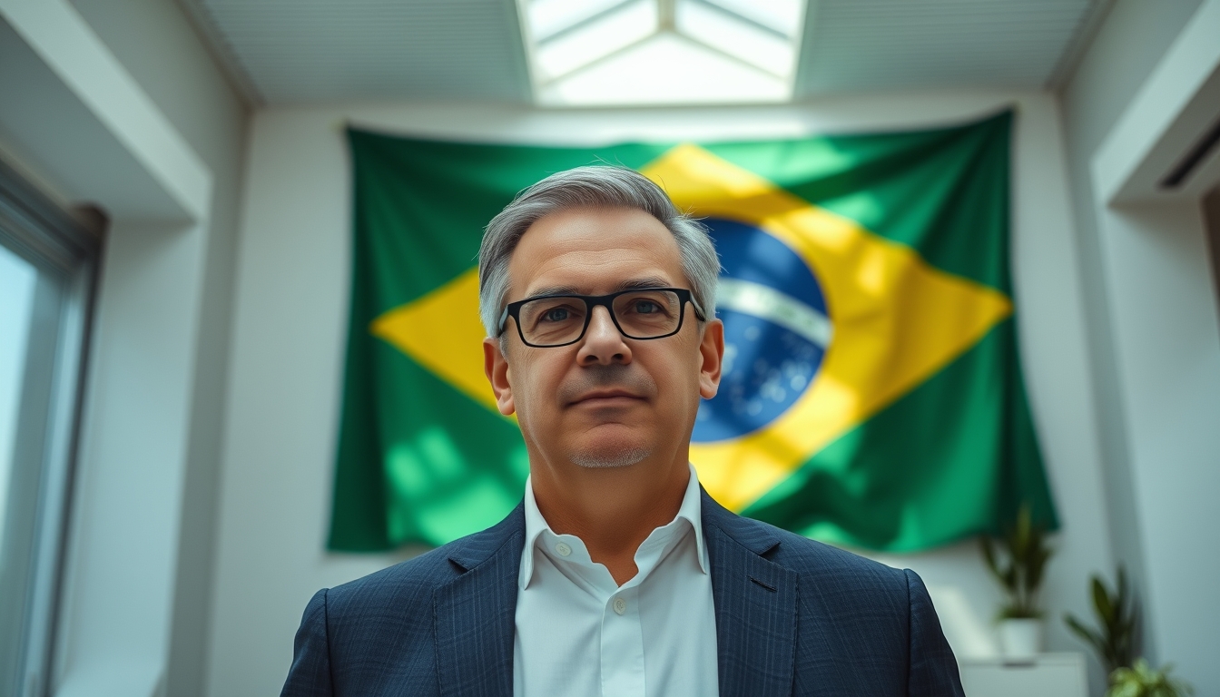 corporate CFO in front of a large Brazilian flag in the office in editorial style