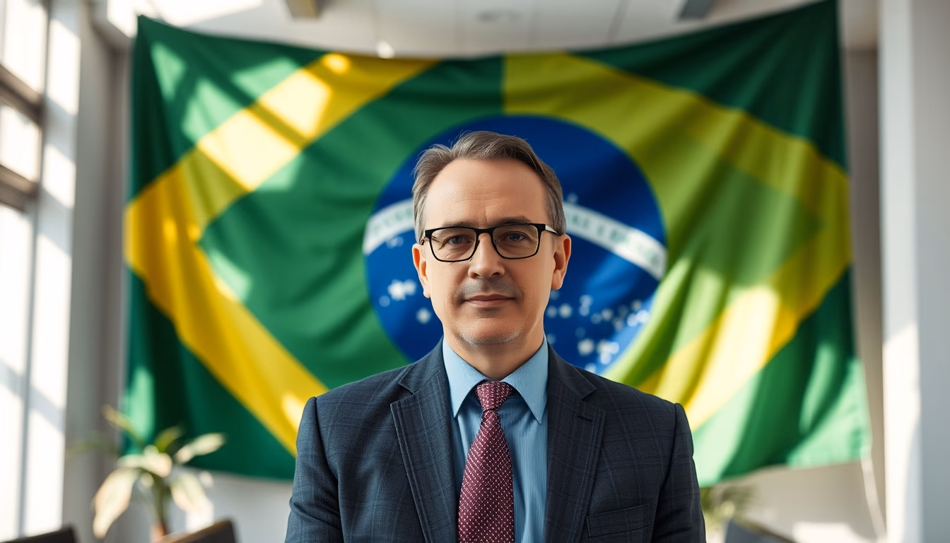 CFO corporativo diante da bandeira brasileira no escritório em estilo editorial