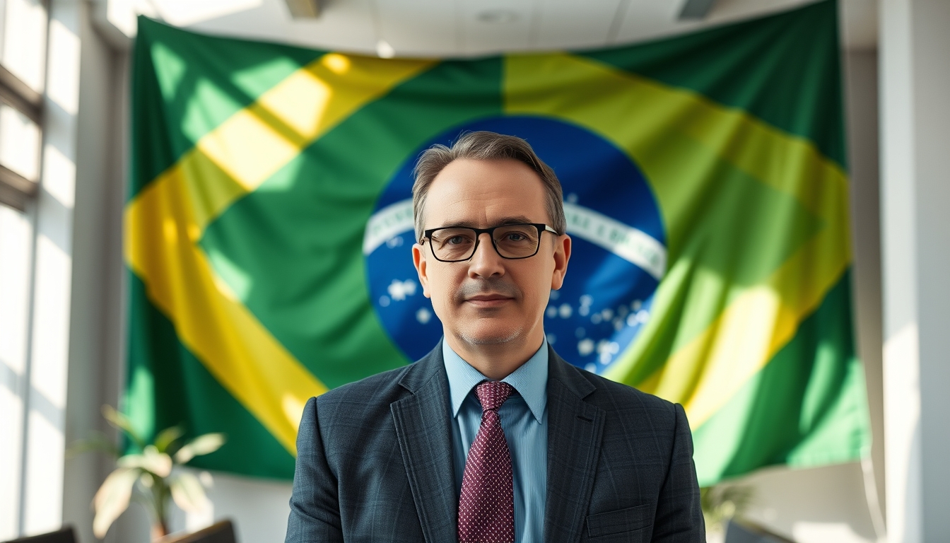 CFO corporativo diante da bandeira brasileira no escritório em estilo editorial