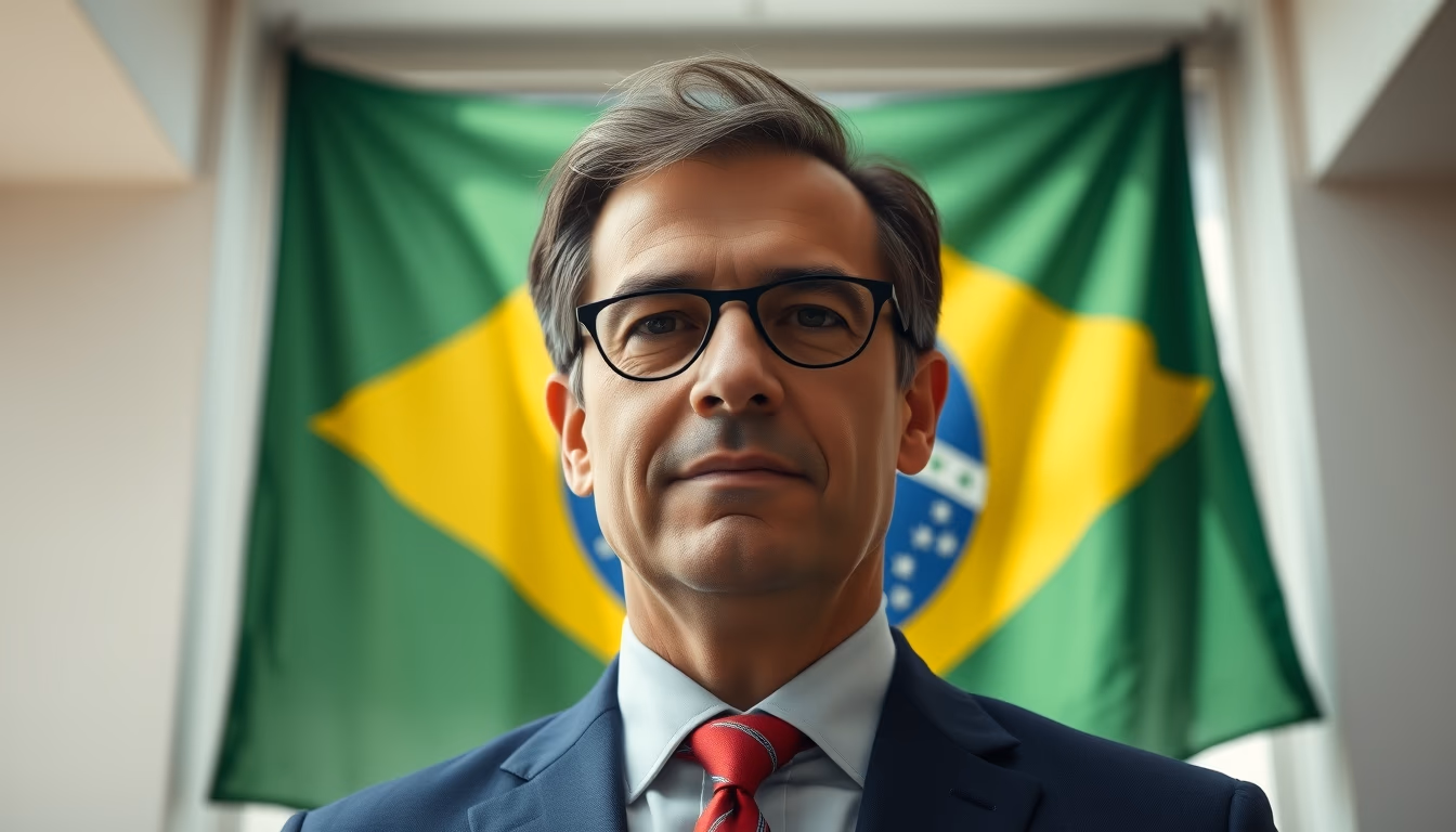 corporate CFO in front of a large Brazilian flag in the office in editorial style
