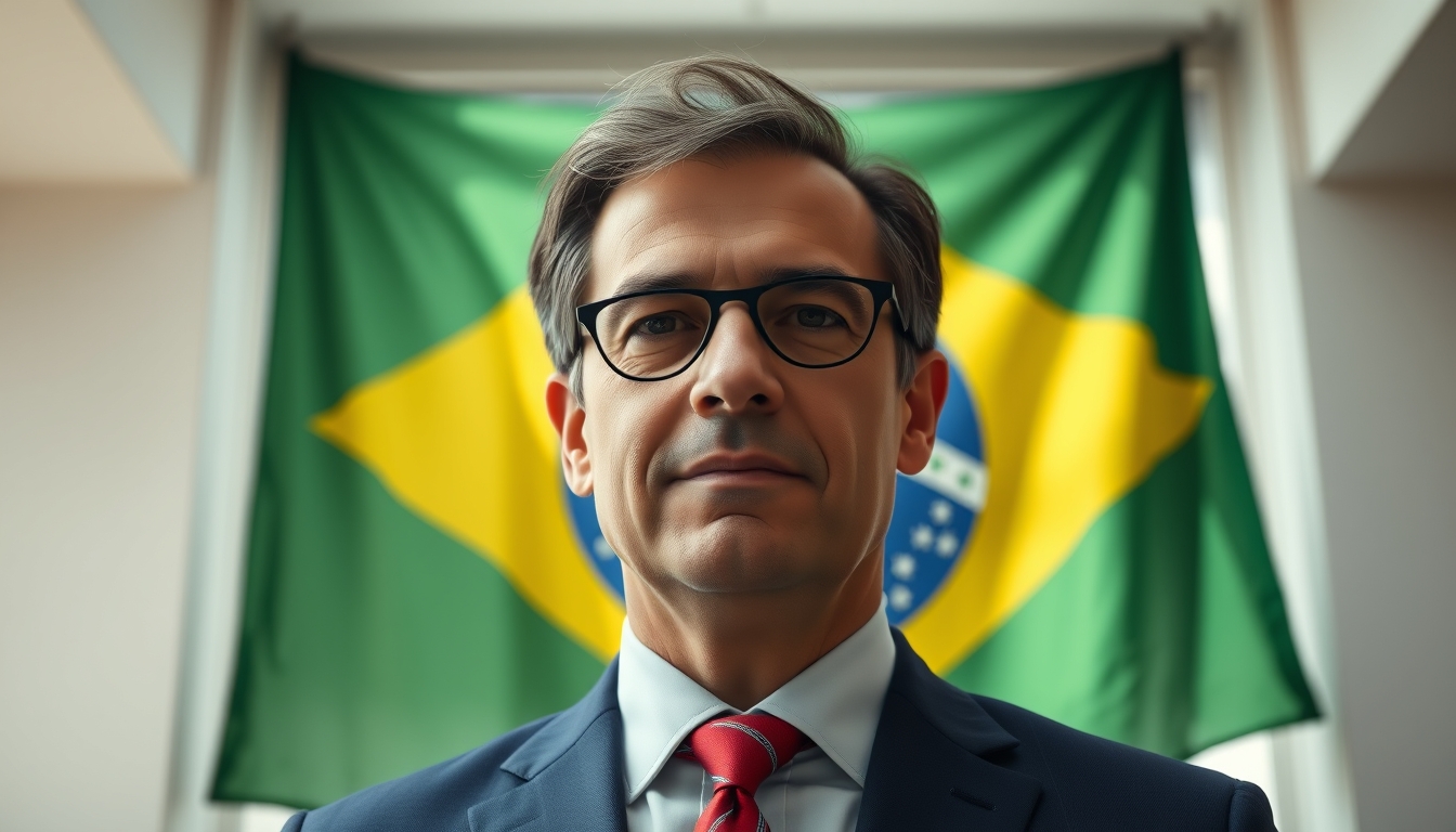 corporate CFO in front of a large Brazilian flag in the office in editorial style