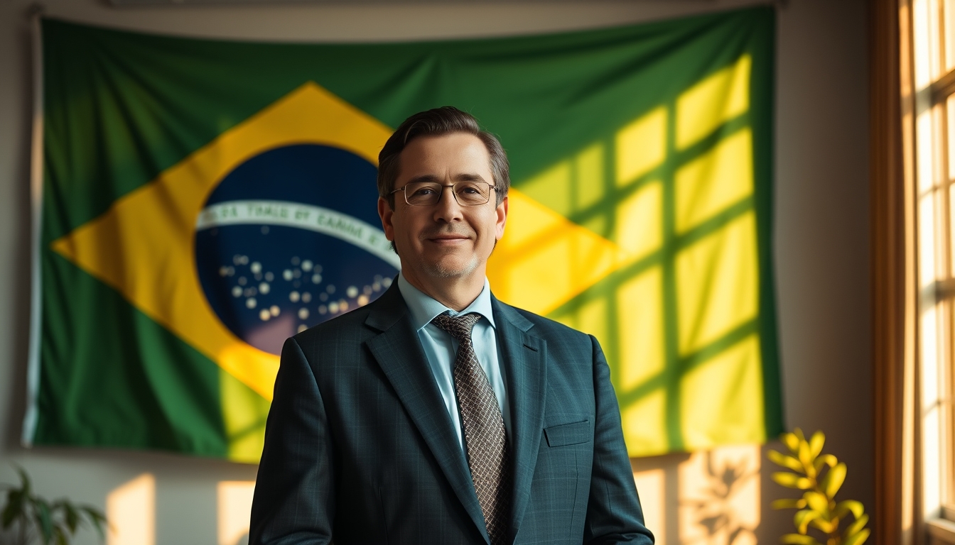 corporate CFO in front of a large Brazilian flag in the office in editorial style