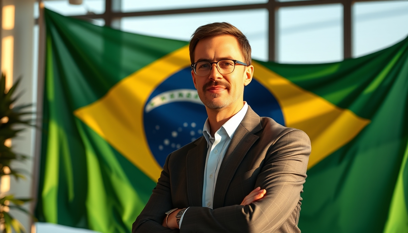 CFO corporativo diante da bandeira brasileira no escritório em estilo editorial