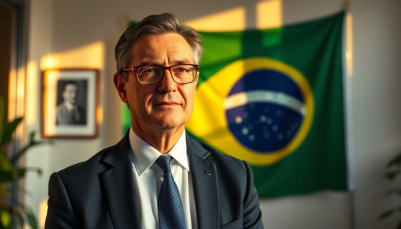 corporate CFO in front of a large Brazilian flag in the office in editorial style