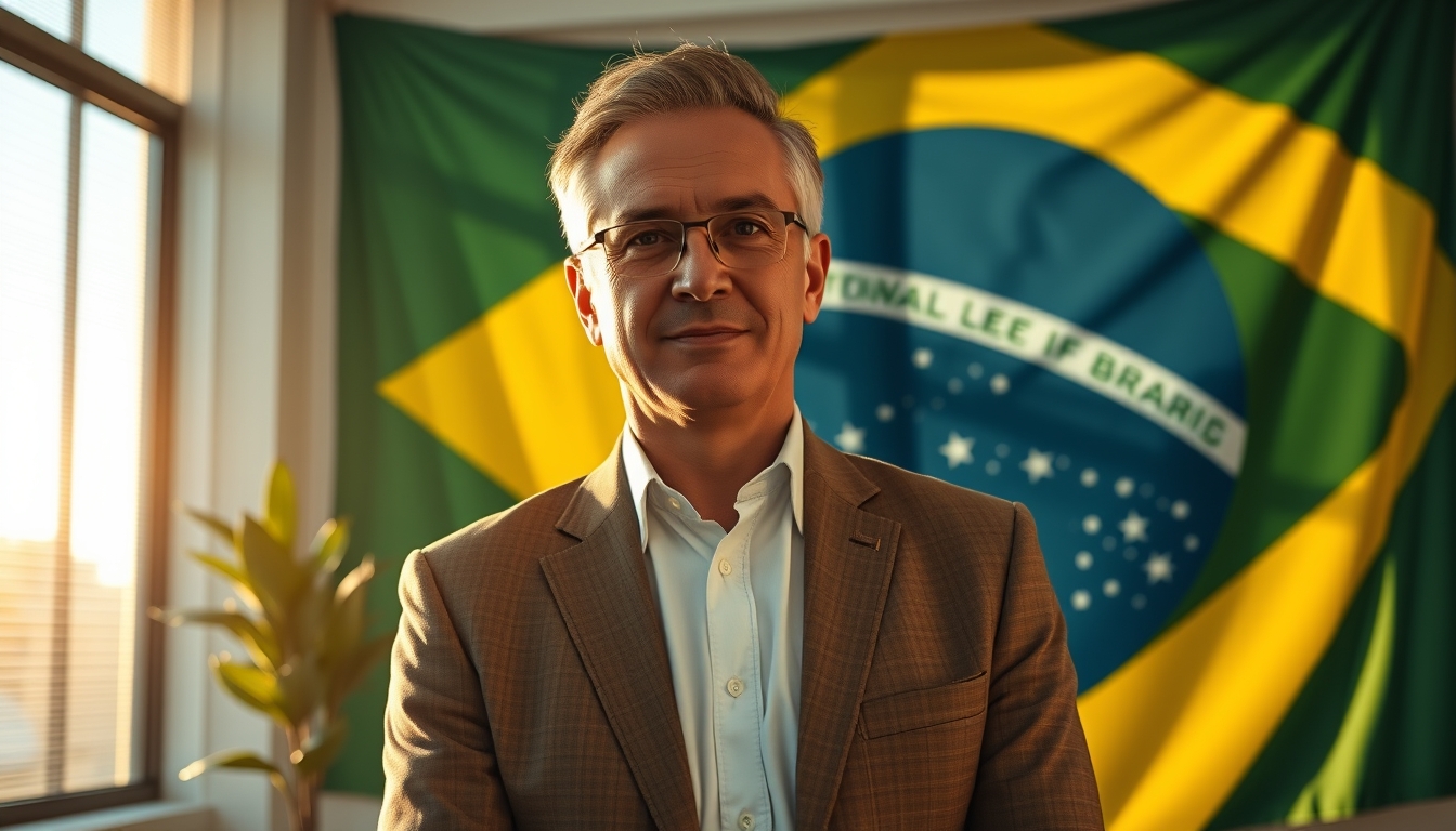 CFO corporativo diante da bandeira brasileira no escritório em estilo editorial