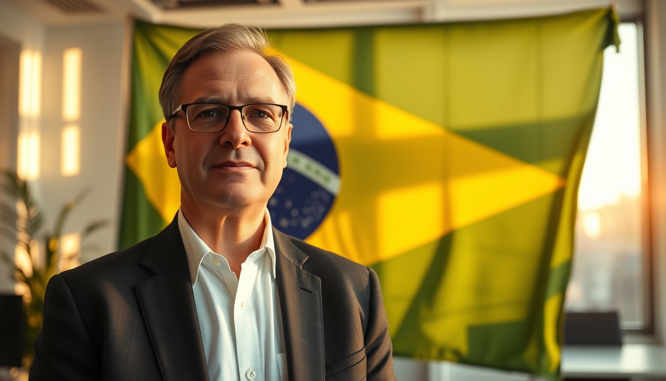 CFO corporativo diante da bandeira brasileira no escritório em estilo editorial