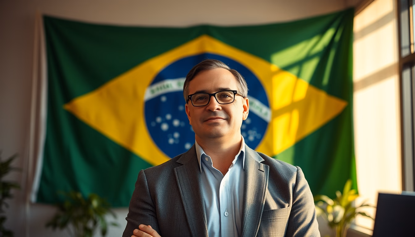 CFO corporativo diante da bandeira brasileira no escritório em estilo editorial