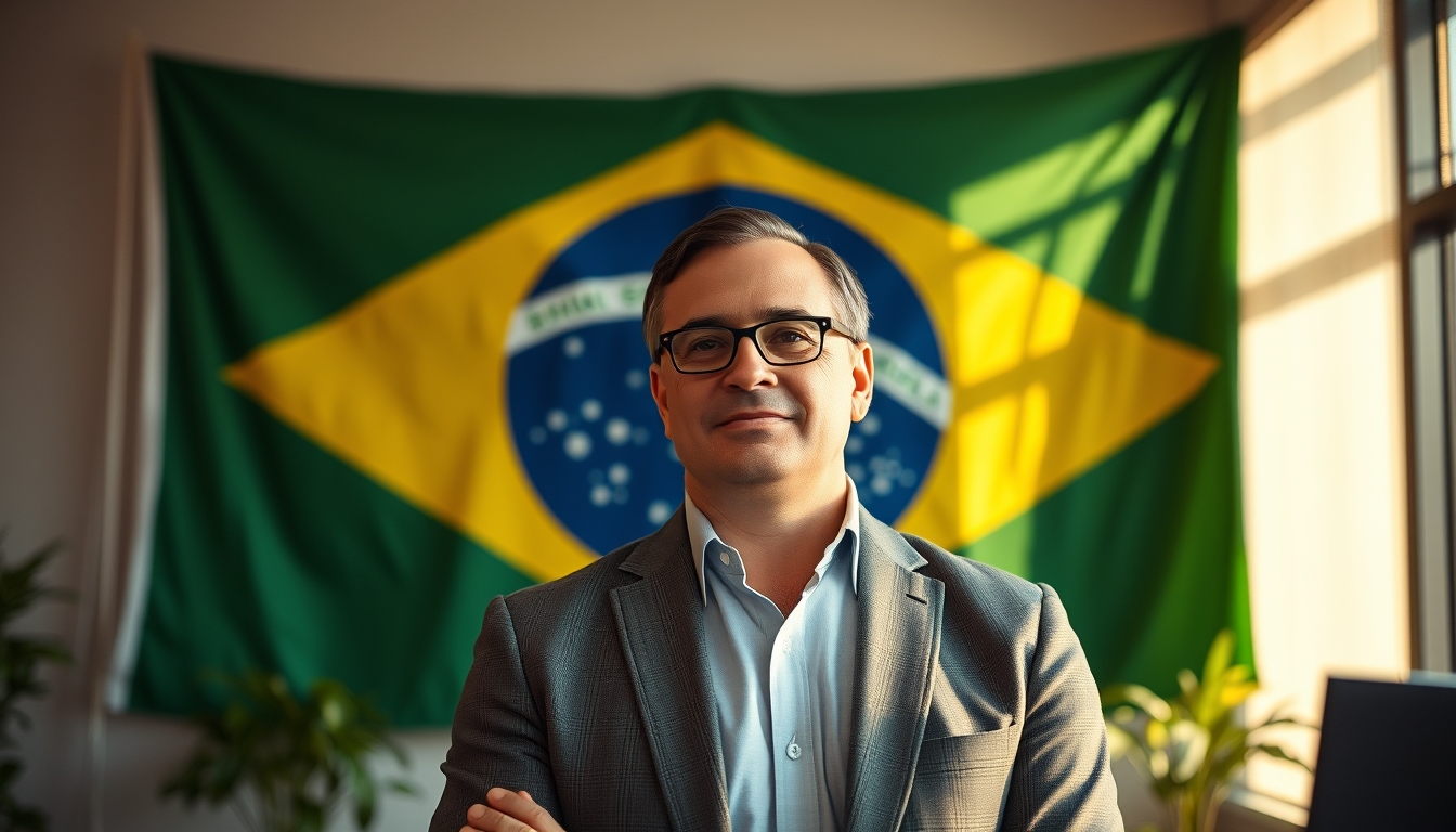 corporate CFO in front of a large Brazilian flag in the office in editorial style