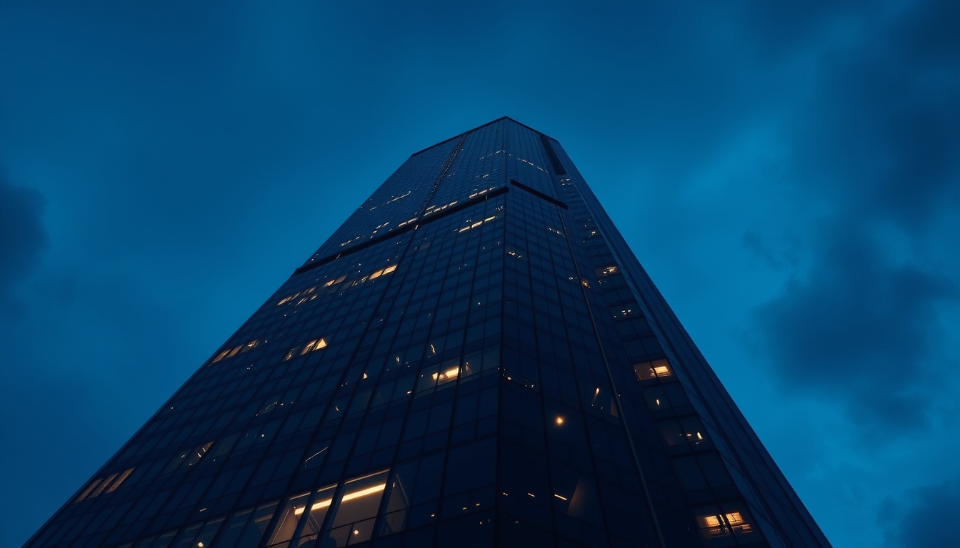 corporate skyscraper from below in editorial style