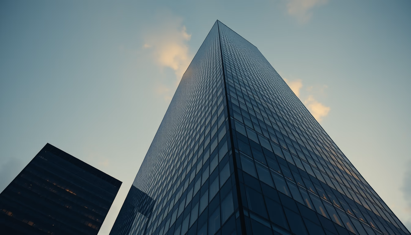 corporate skyscraper from below in editorial style