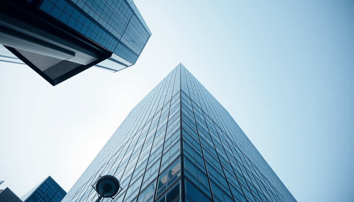 corporate skyscraper from below in editorial style