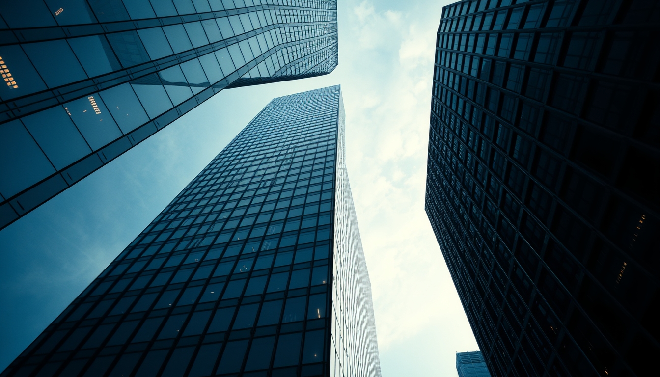 corporate skyscraper from below in editorial style