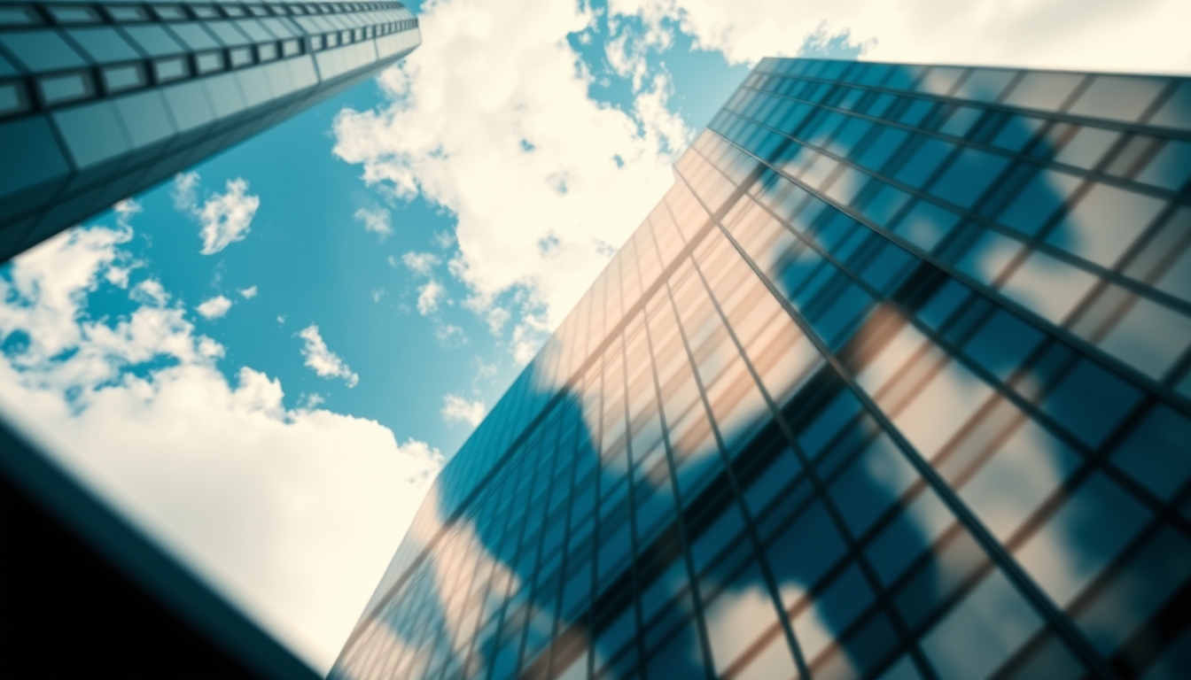 corporate skyscraper from below in editorial style