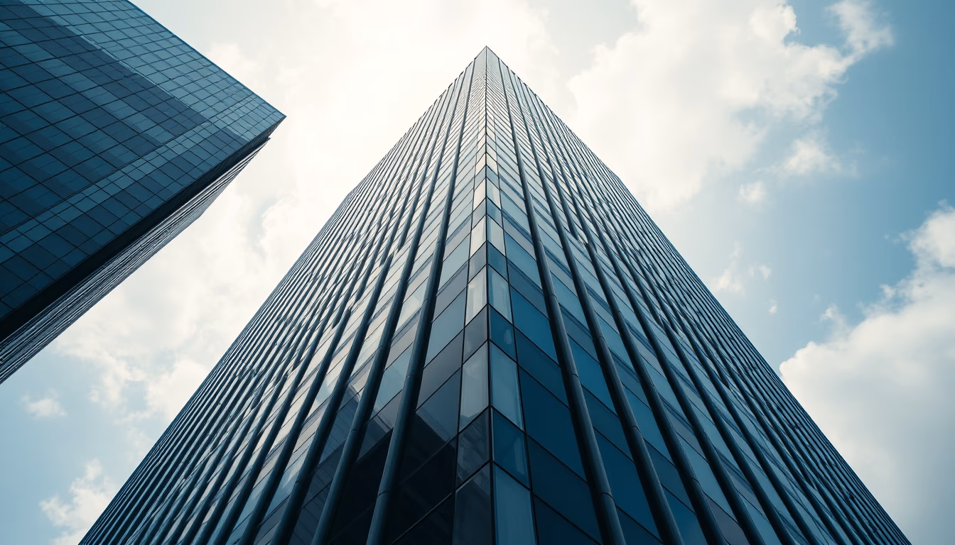 corporate skyscraper from below in editorial style