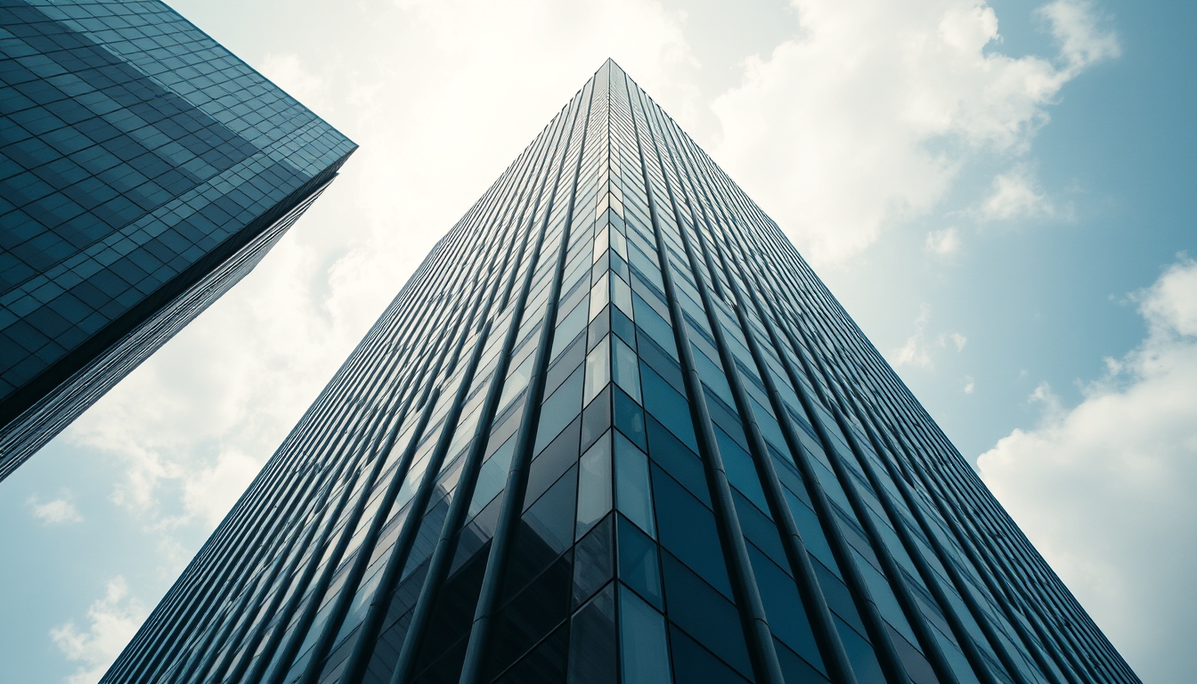 corporate skyscraper from below in editorial style