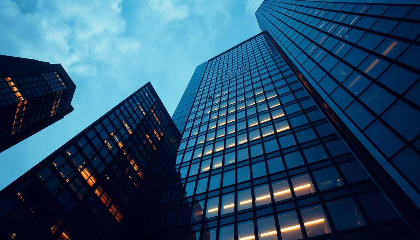 Corporate skyscraper from below em estilo editorial