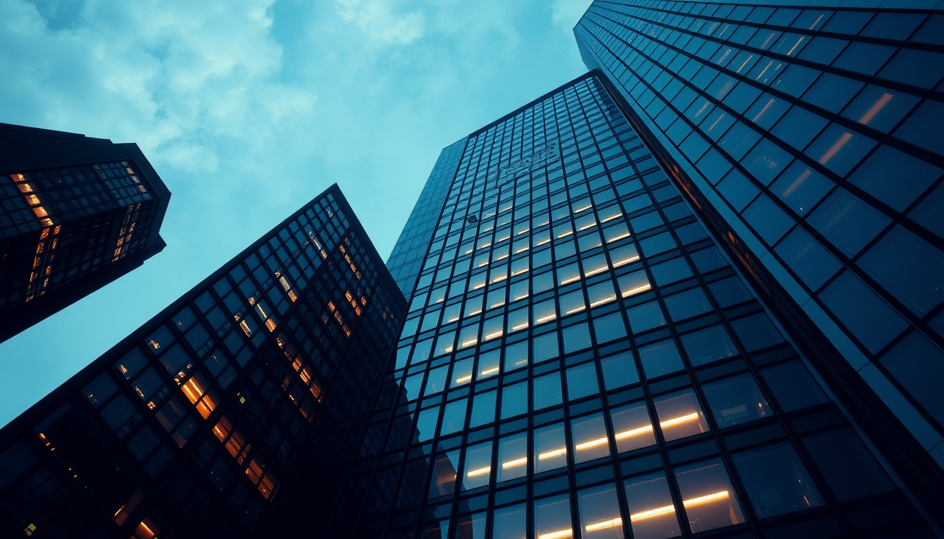 corporate skyscraper from below in editorial style